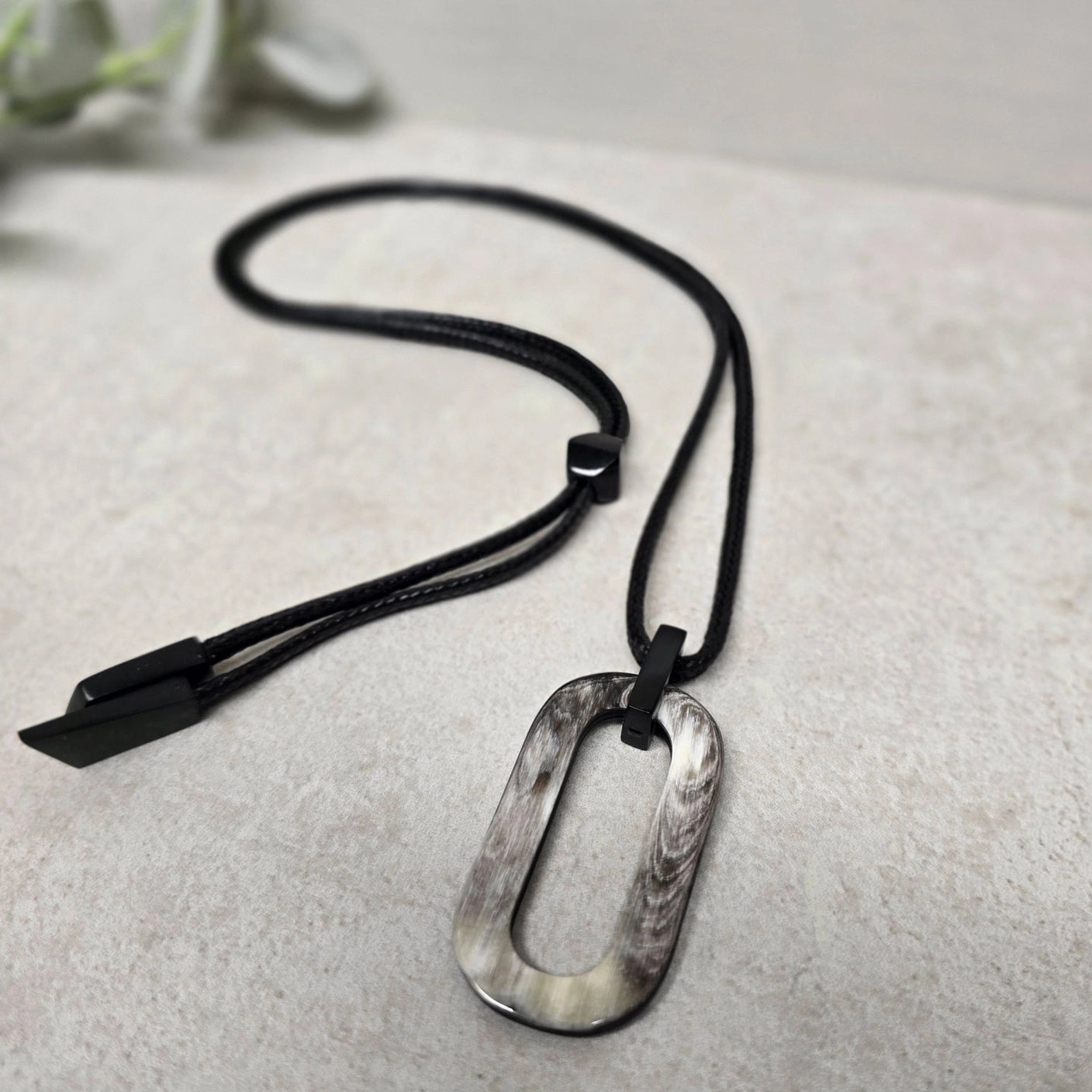 Black Natural Large Rectangle Horn & Cord Pendant