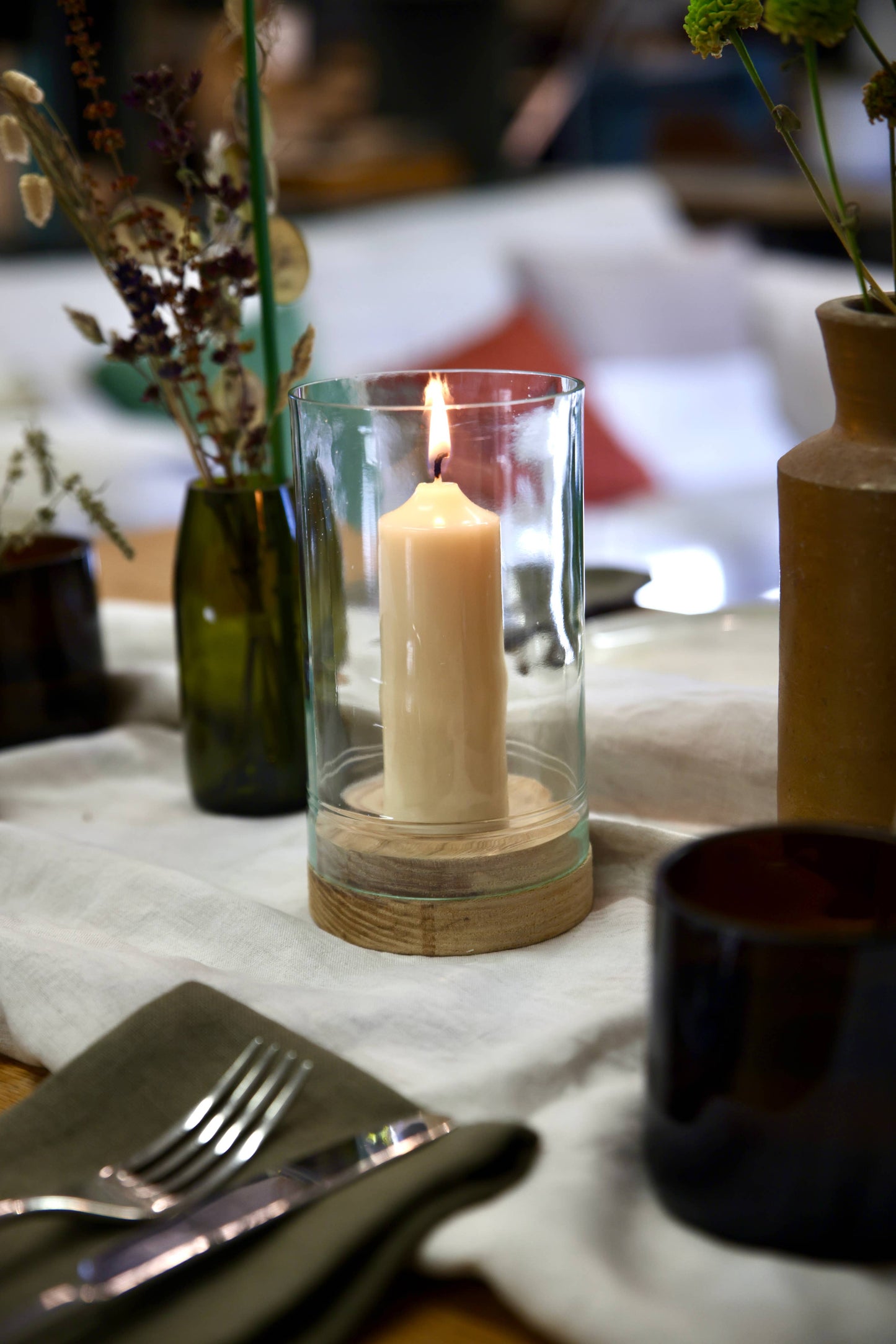 Hurricane glass lamp with solid wood base