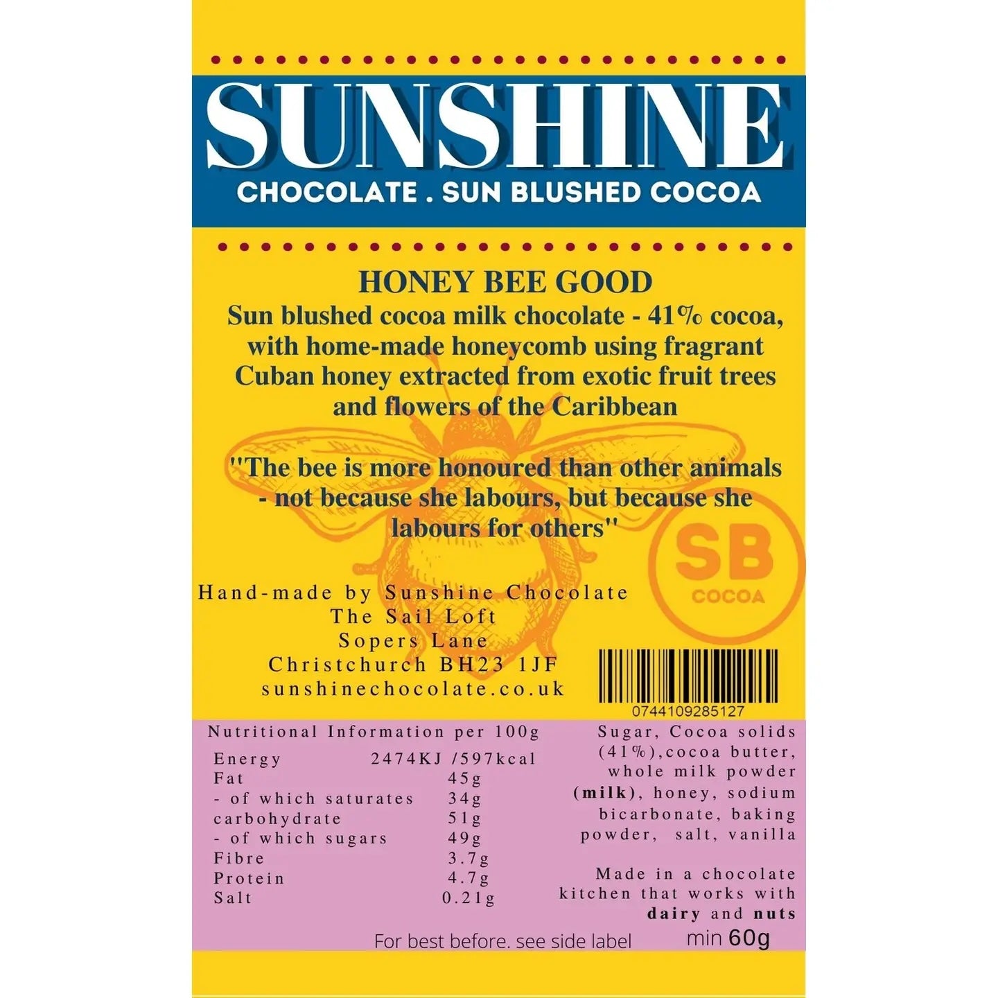 Sunshine Chocolate Honey Bee Good . Milk Chocolate Melt Bar