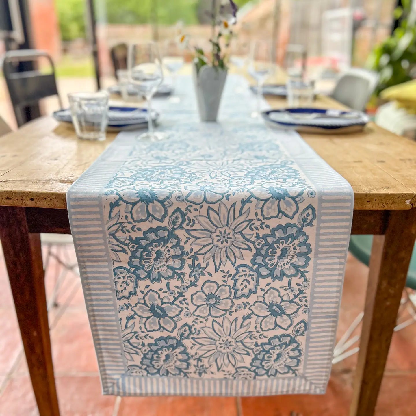 New Meadow Baby Blue Hand Block Printed Runner