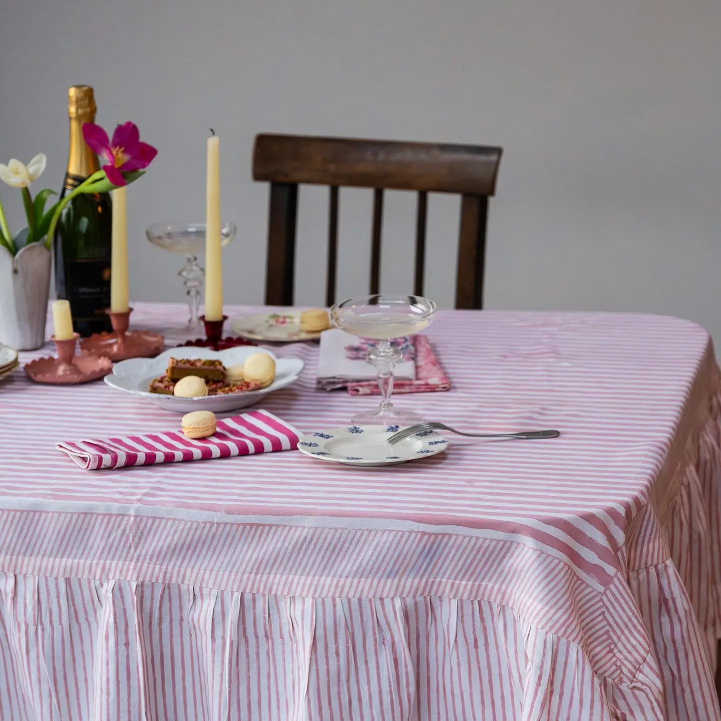 Ruffle Stripe Blush Hand Block Printed Tablecloth