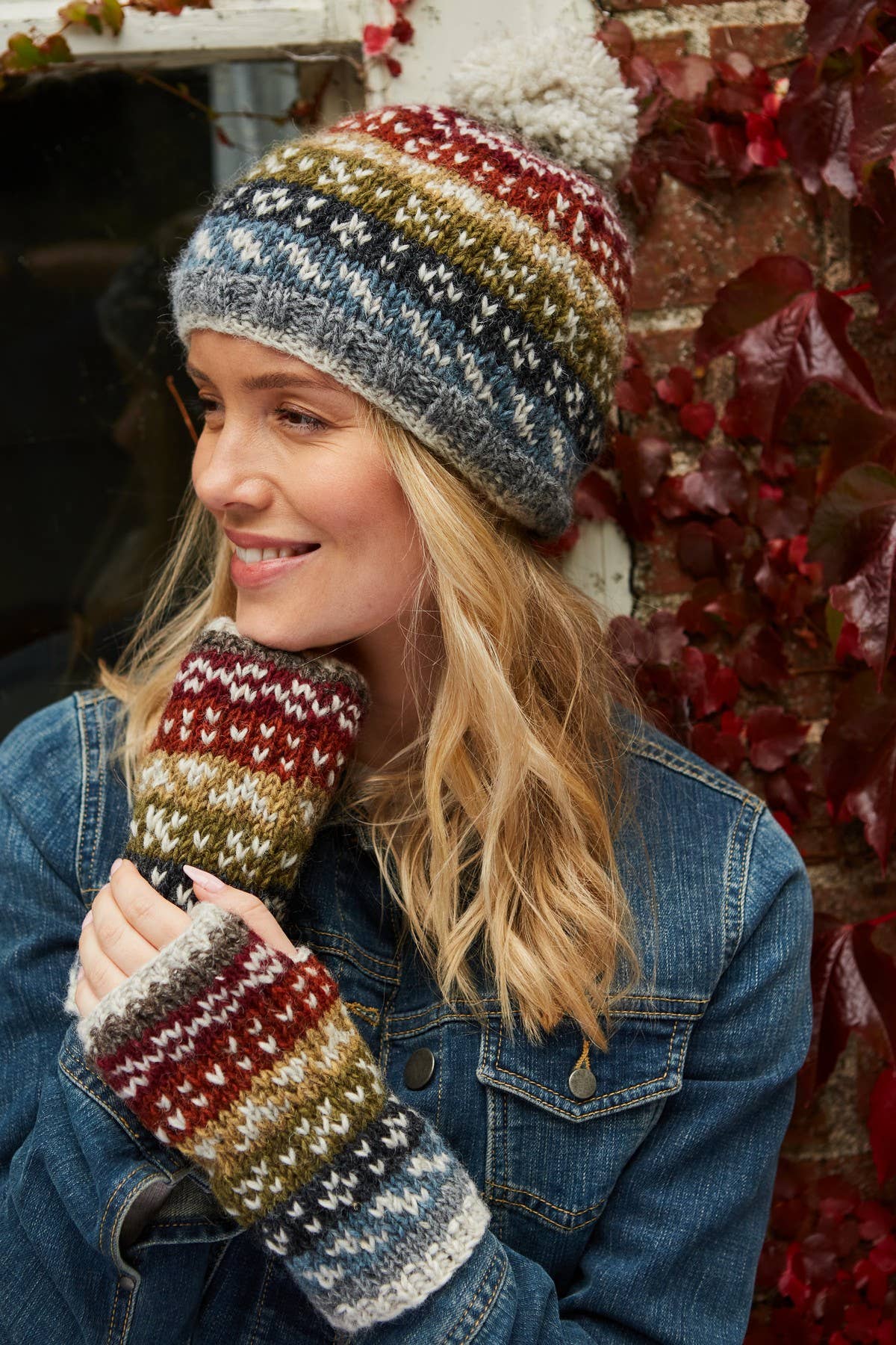 Helmsdale - Hand Knit Thick Wool Fair Isle Fingerless Gloves: One Colour