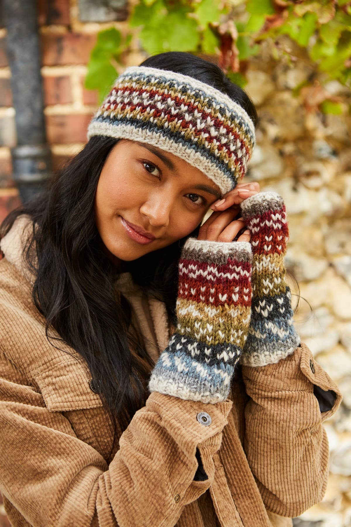 Helmsdale - Hand Knit Thick Wool Fair Isle Fingerless Gloves: One Colour