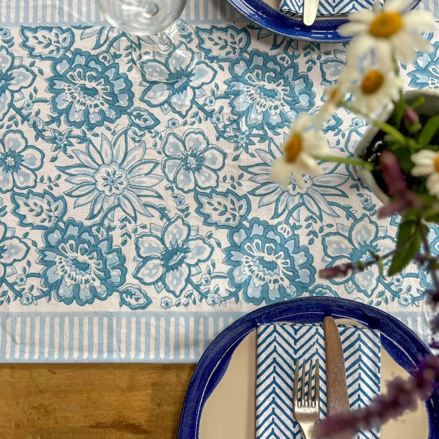 New Meadow Baby Blue Hand Block Printed Runner