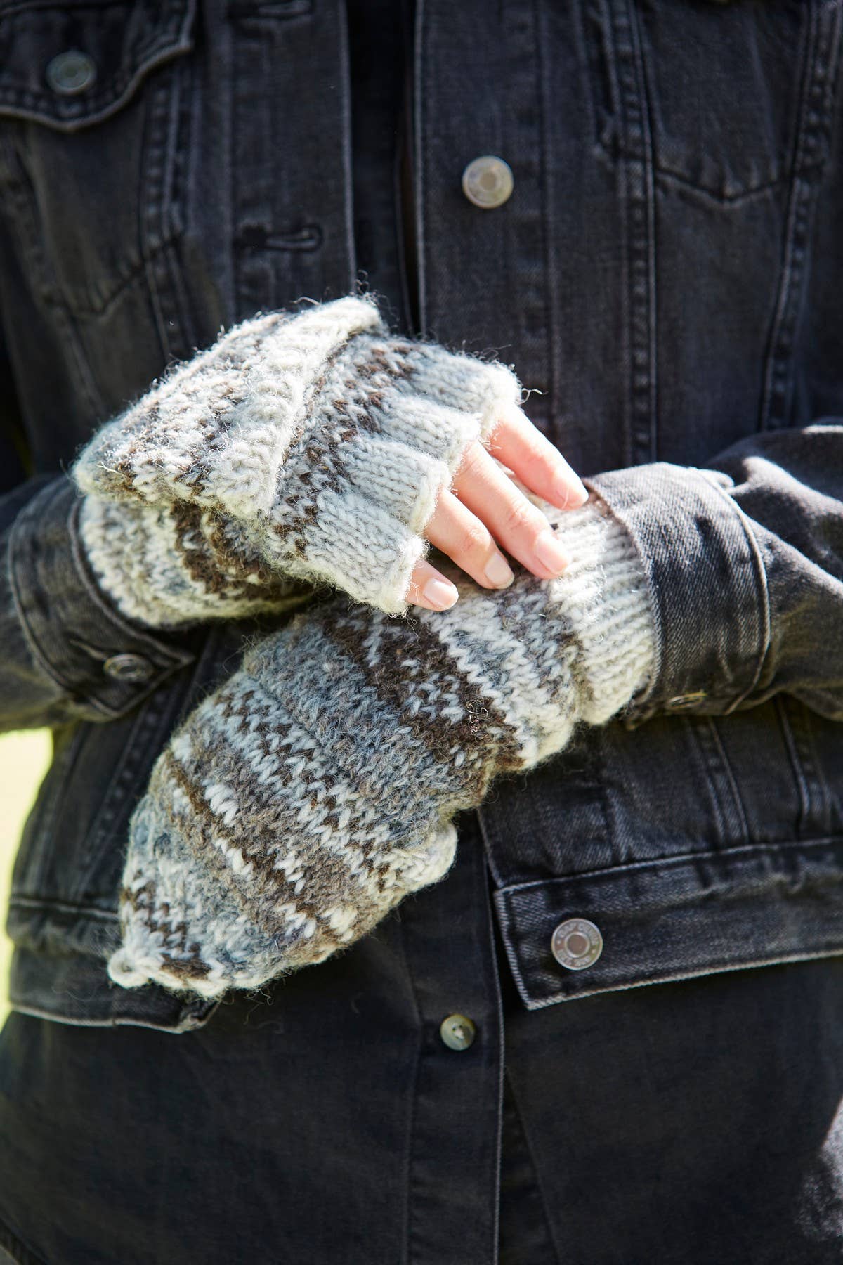 Classic Fair Isle Knit Fingerless Glove Mitts Natural Wool: Natural