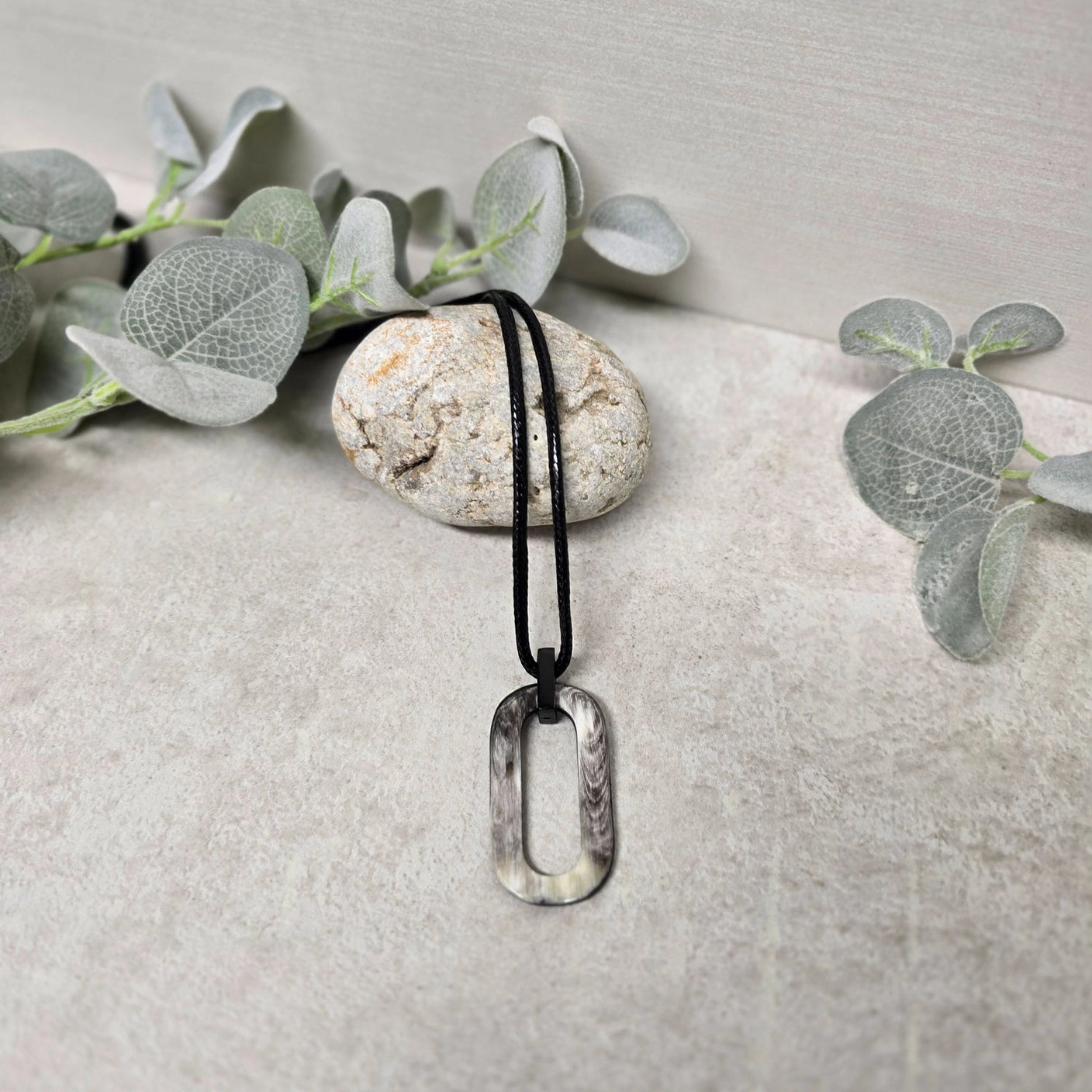 Black Natural Large Rectangle Horn & Cord Pendant