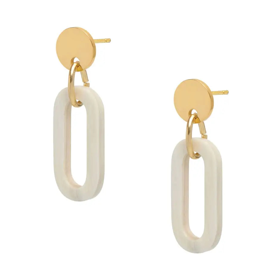 Open Link White Natural Horn Drop Earring - Gold
