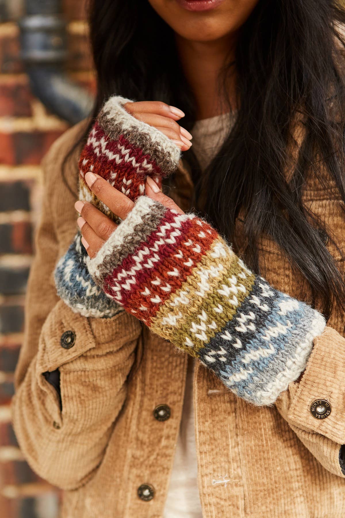 Helmsdale - Hand Knit Thick Wool Fair Isle Fingerless Gloves: One Colour