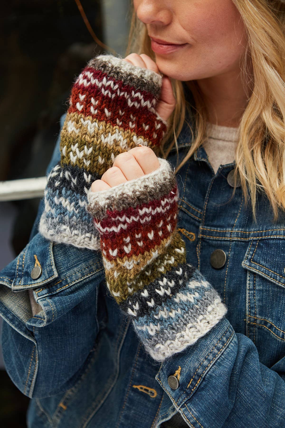Helmsdale - Hand Knit Thick Wool Fair Isle Fingerless Gloves: One Colour