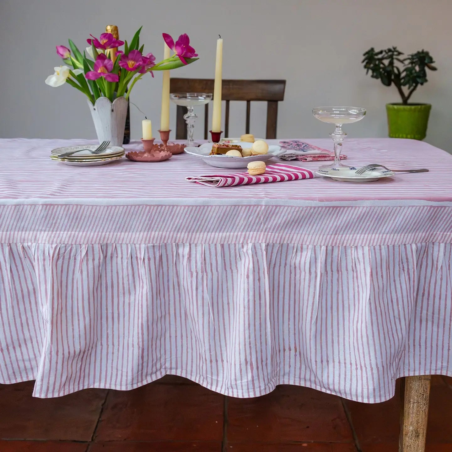 Ruffle Stripe Blush Hand Block Printed Tablecloth