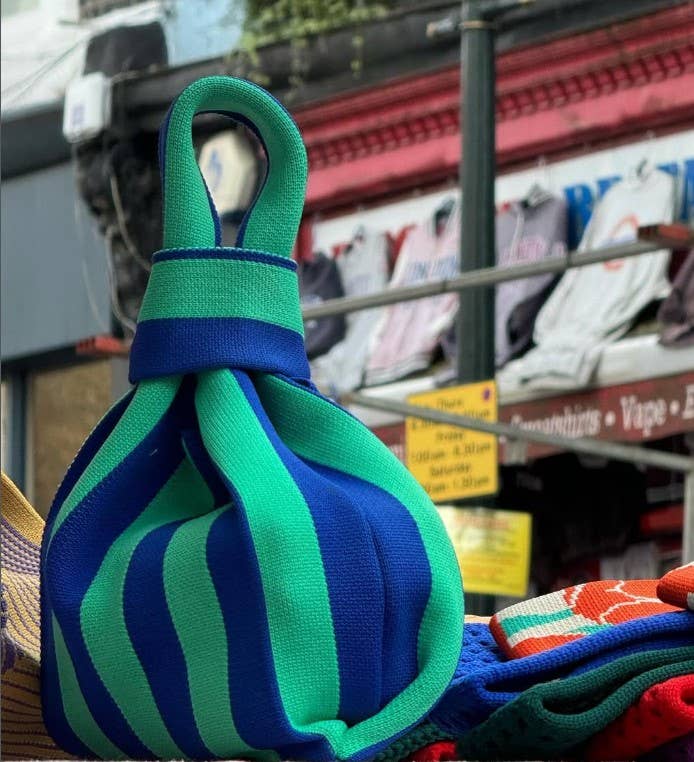 Classic Stripe Knitted Reusable Market Bag-Tote Bag-gift: Blue / Medium